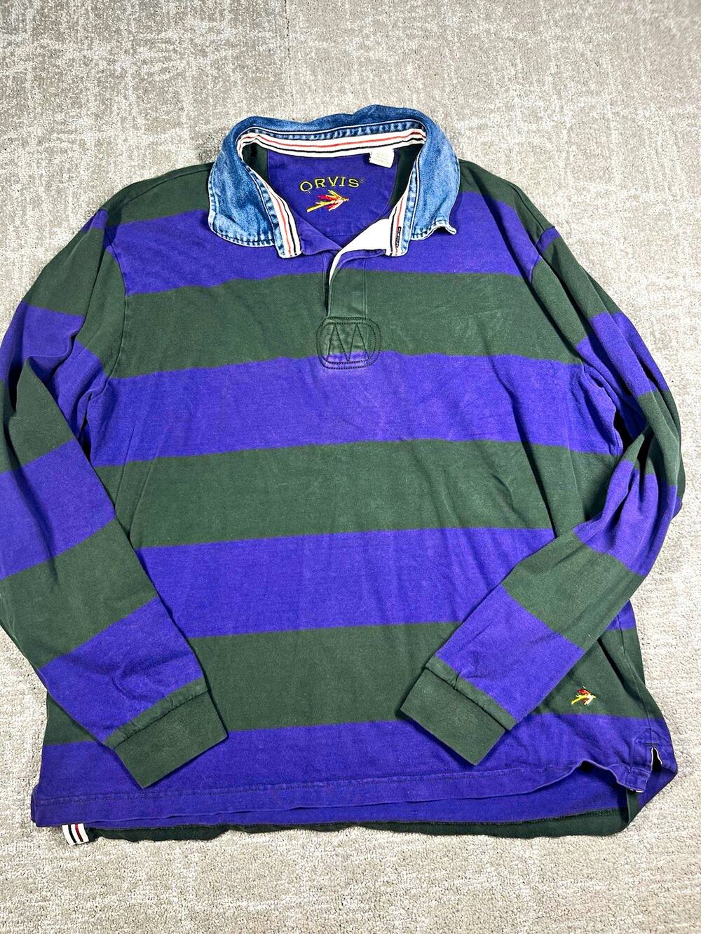 Orvis Heavyweight Knit Cotton Striped Rugby Shirt Purple Green Denim Collar L